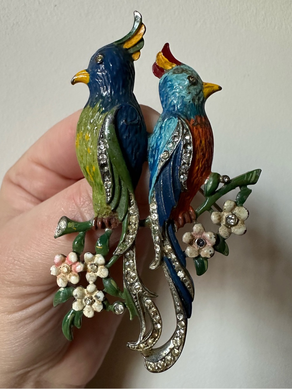Vintage Lovebird Metal Brooch Painted